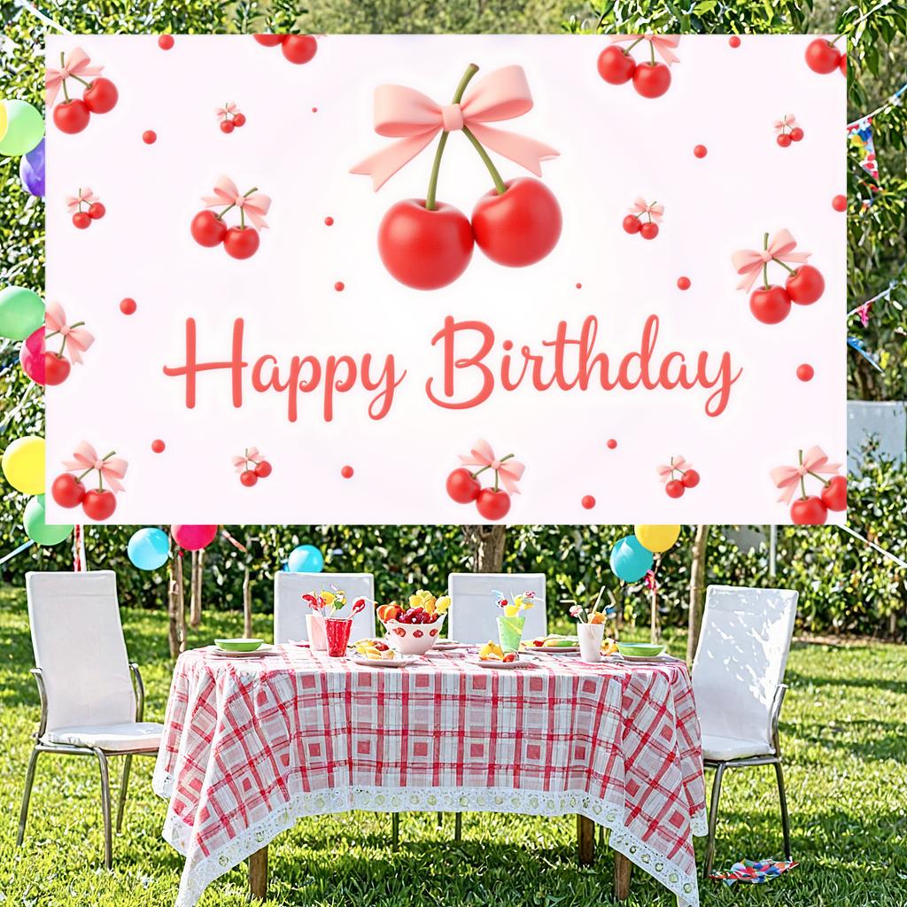 Happy Birthday Banner Sweet Pink Bowknot Cherry Pattern Birthday Party Decoration Backdrop Fruit Theme Photo Background Shoot