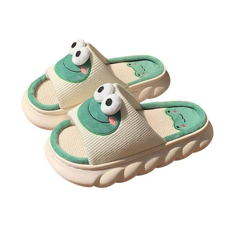 Linen Slippers Indoor Women Breathable Indoor Home Non-slip Cartoon Couple Four Seasons Slippers Men