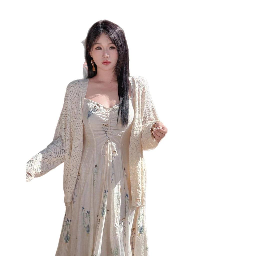 Plus Size Retro French Floral Camisole Dress & Long Sleeve Knit Cardigan Set for Women
