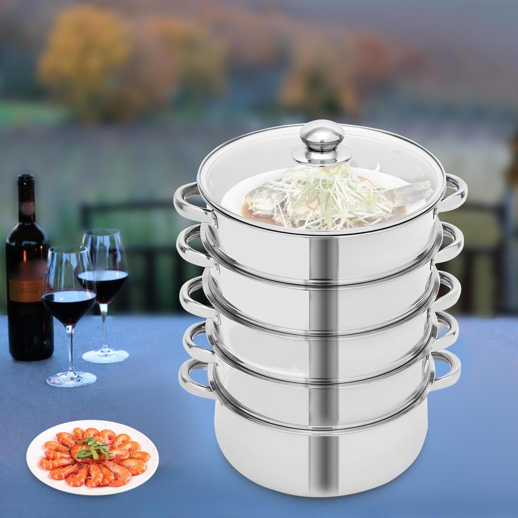 Panela de Cozimento a Vapor de Aço Inoxidável de 5 Camadas - Vaporizador de 11 Polegadas para Cozinhar Alimentos - Tampa de Vidro - Adequado para Tamales, Legumes, Bolinhos e Frutos do Mar