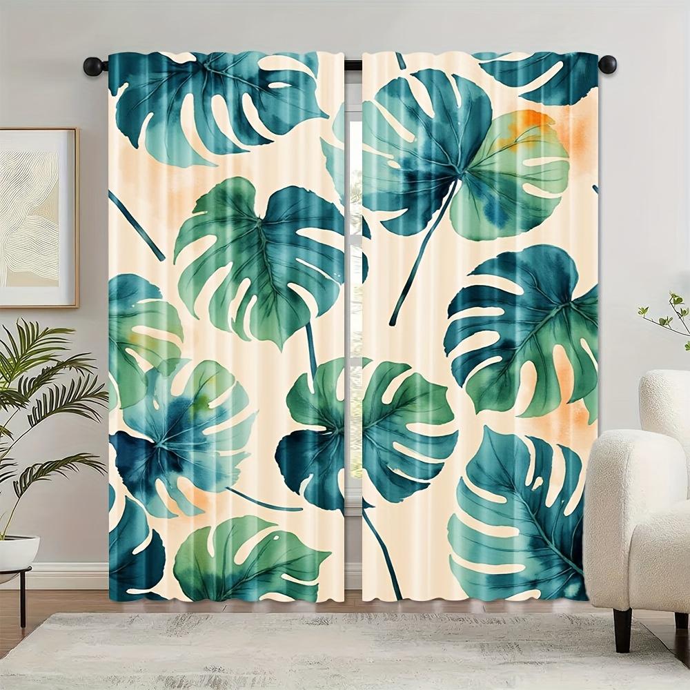 2pcs Tropical Green Leaf Curtains - Semi-Sheer Polyester, Watercolor-Inspired Hawaiian Style, Rod Pocket Drapes for Living Room
