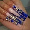 Press On Nails Long Square Fake Nails French Tip Glue On Nail with Rhinestones Designs Reusable False Acrylic Nails Full Cover Stick On Nail for Women