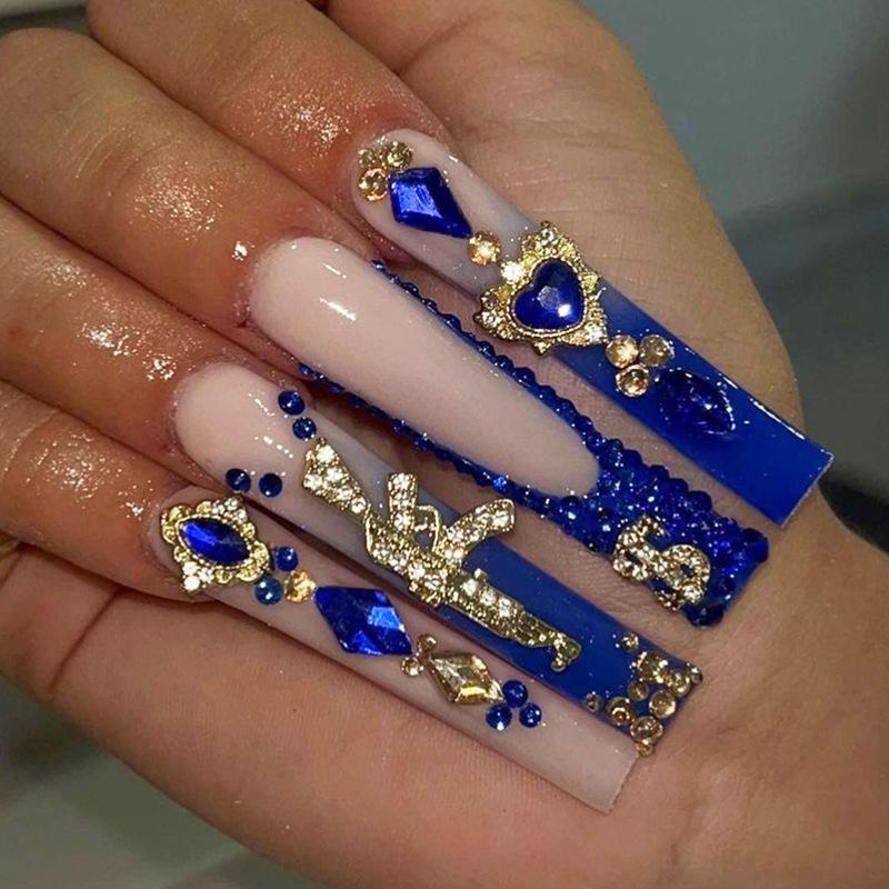 24Pcs Long French Fake Nails with Glue Ballet False Nails Butterfly Rhinestone Design Press On Nails Wearable Coffin Nail Tips