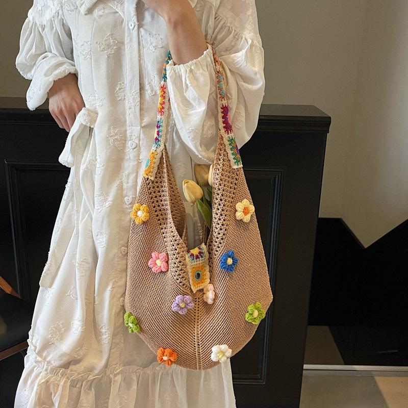 Women Flower Knitted Shoulder Bag Fashion Tote Handbag Lightweight Crochet Tote Bag Casual Top Handle Bag Outdoor Travel Bags