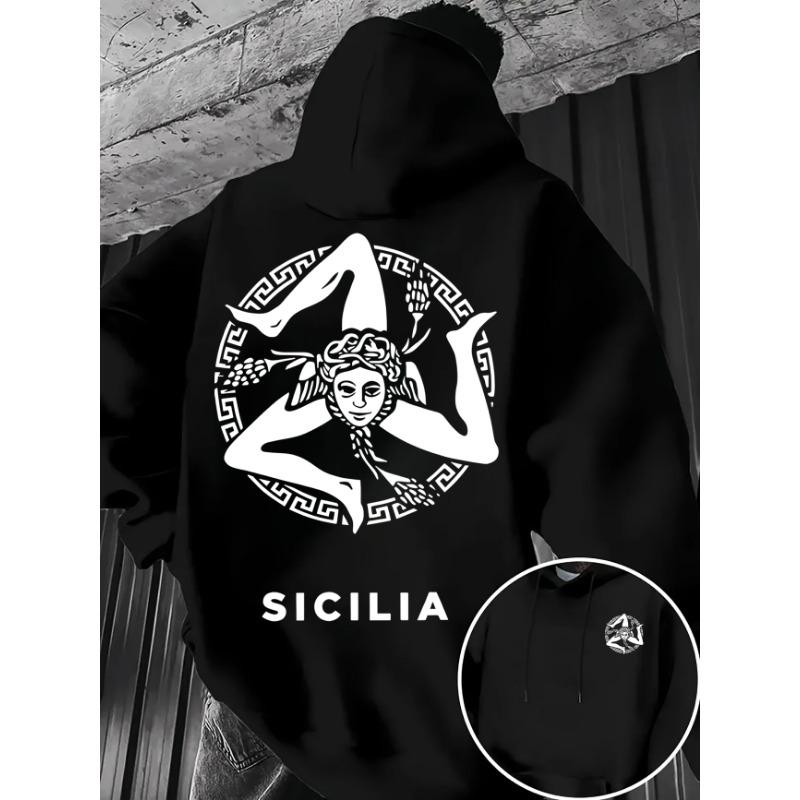 Men's Autumn/Winter Hoodie with Sicilian Trinity Flag Print, Retro Greek Border Pattern, Outdoor Warm Streetwear Style