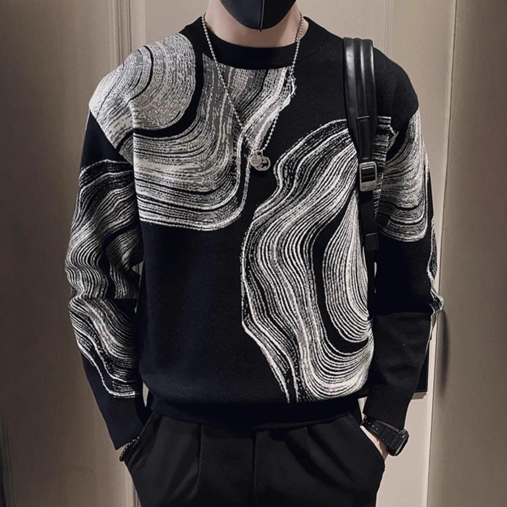 Herren Trendy Herbst/Winter Graffiti Jacquard Pullover - Slim Fit, Vielseitige Langarm Strickware