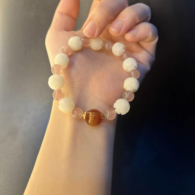 Handmade Natural White Bodhi Seed Bracelet Couples Vintage Floral Design Boho Style Red Agate Heart Sutra