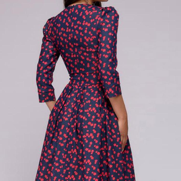 European & American Autumn/Winter Women's Retro Floral A-line Dress with 3/4 Sleeves & Round Neck