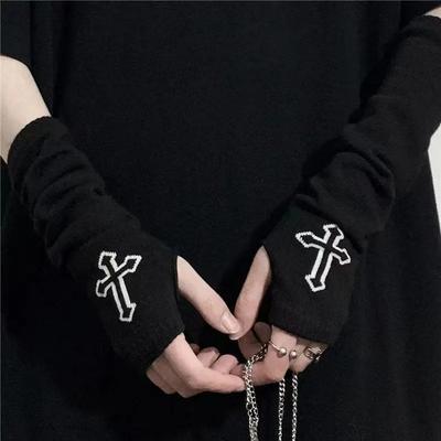 Gothic Cross Long Fingerless Gloves, Black Knitted Sleeves, Unisex Arm Warmers, Dark Style Cuff Accessories