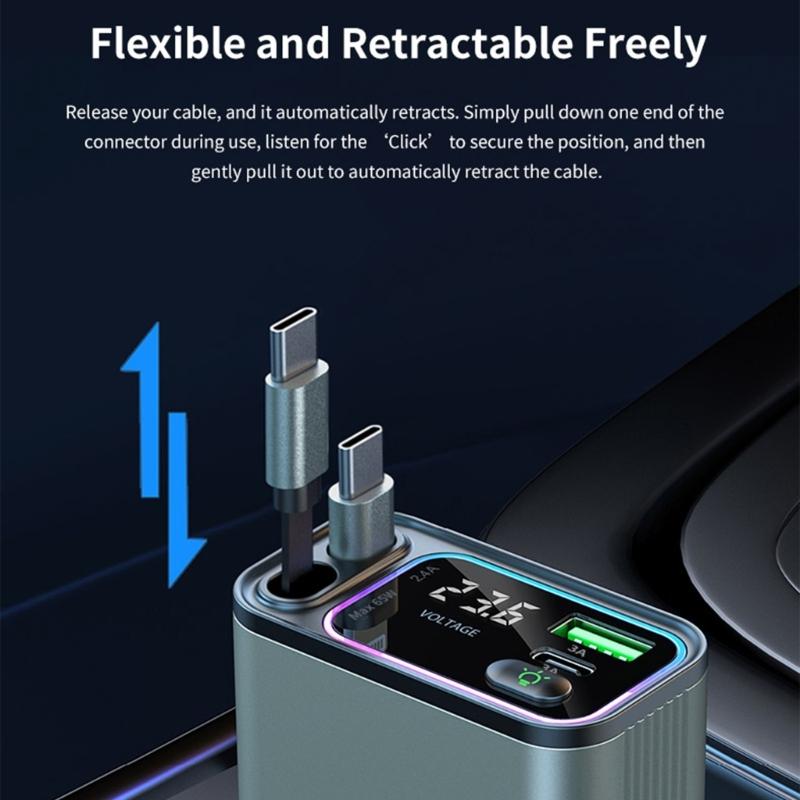 65W Car Phone Charger with Double Type C & USB Port Retractable Cables & LED Electric Display Aluminum PC ABS for Vehicle