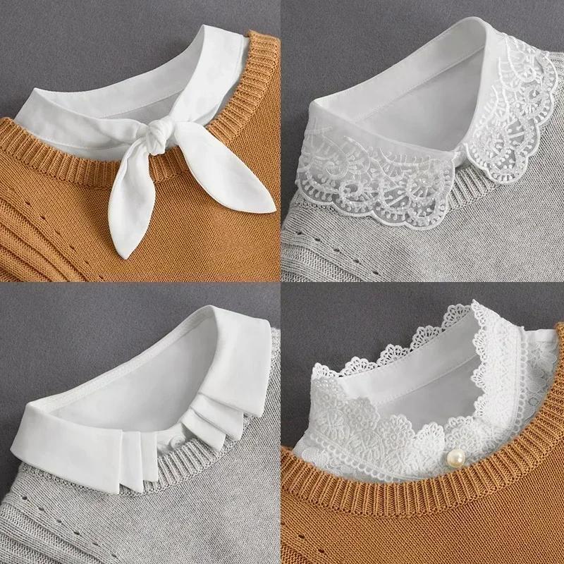Fashion  Front Tie White Fake Collar for Women Stand Detachable Collar Fake Girls Vintage Lace Ladies False Blouse Collar