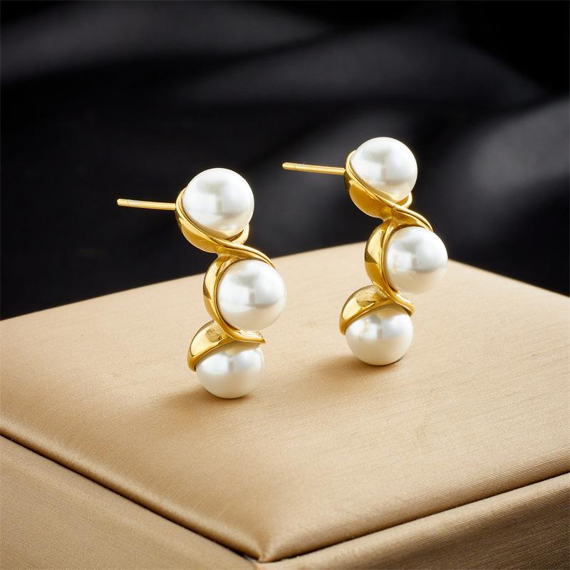 Gold Plated Stainless Steel Spiral Pearl Drop Earrings For Women