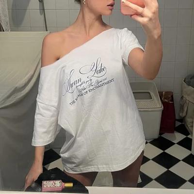 Y2k Aesthetic Casual Off Shoulder T-shirt Loose Letter Printing Harajuku Tshirts Grunge Vintage Streetwear Oversized Tee Shirts