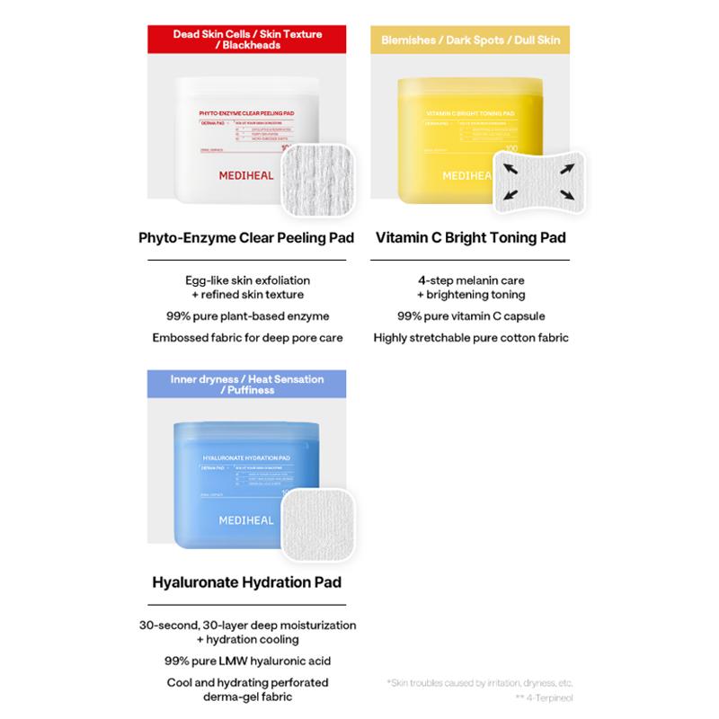 Mediheal Derma Toner Pad 7 Types (Main 100 Sheets / Refill 100 Sheets) (20 Options)