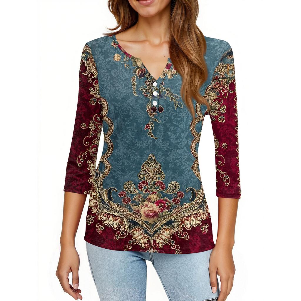 Women's T Shirt Print Button 3/4 Sleeve Daily Weekend Fashion Basic V- Neck Regular Top