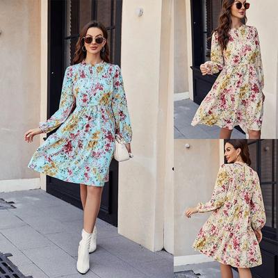 İlkbahar ve Sonbahar Kadın Elbise Baskılı Moda Gevşek Kek Elbiseler Yüz Uzun Kollu Elbise