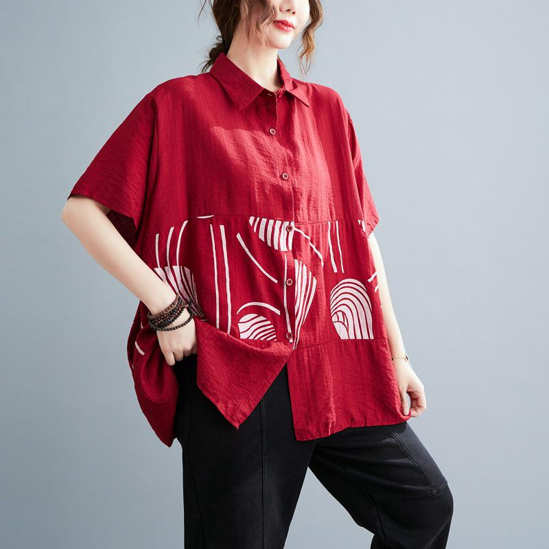 

2025 Лето Женская Большого размера Хлопково-льняная Лоскутная С коротким рукавом Лацкан Принтованная Рубашка One Size бордовый
