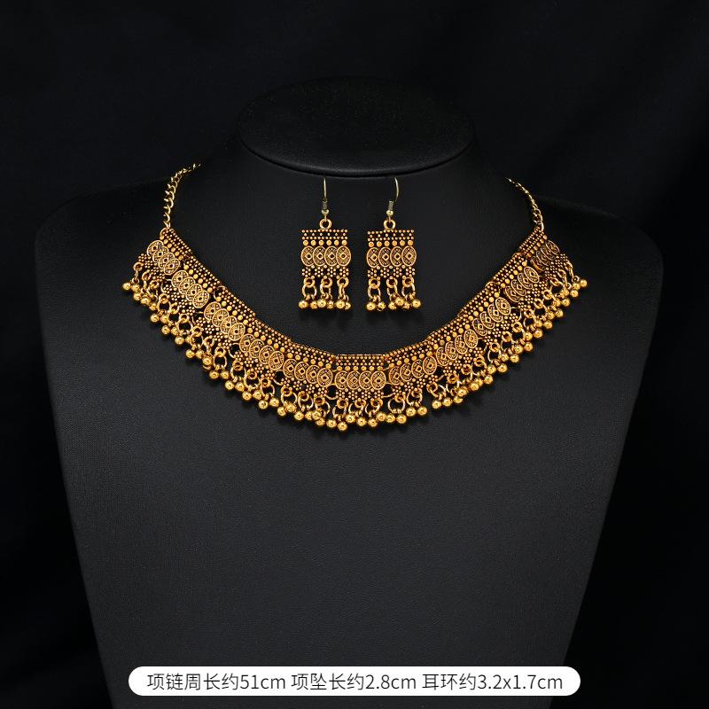 Vintage Personalized  Set Golden Short Clavicle Chain & Earring Ethnic Style Necklace Bohemian Earrings Set for Women