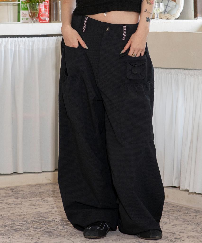 RuNaKi'Hu' Wxp042 Saki Frill Seersucker Wide Pants (Black)