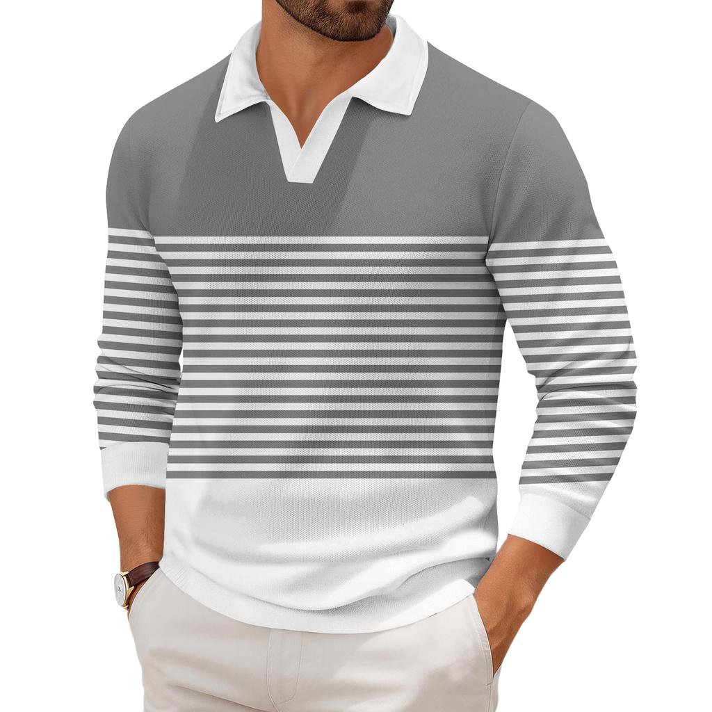 Pánské ležérní módní tištěné klopové pletené spodní tričko s dlouhým rukávem