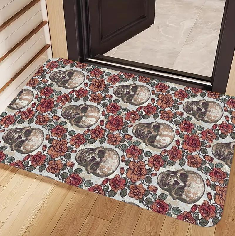 

Gothic Mystical Skull Doormat Vintage Floral Flame Print Non Slip Absorbent Entryway Floor Mat for Front Door Home Decor 40x60cm