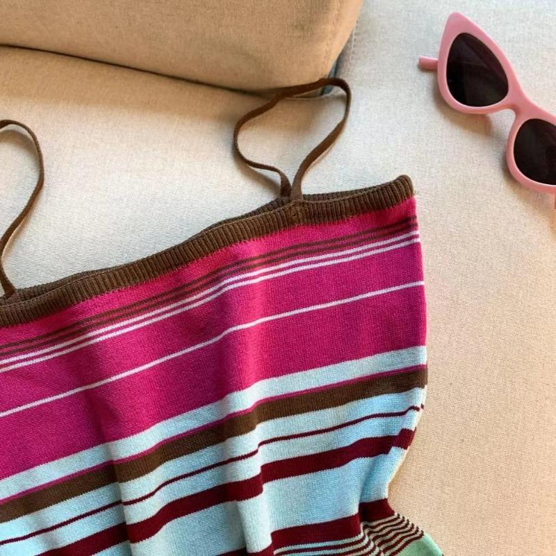 Elastisk regnbueprint ribbestrikket colorblock tanktopp strikket avslappet ermeløs rundhalset topp dameklær crop top