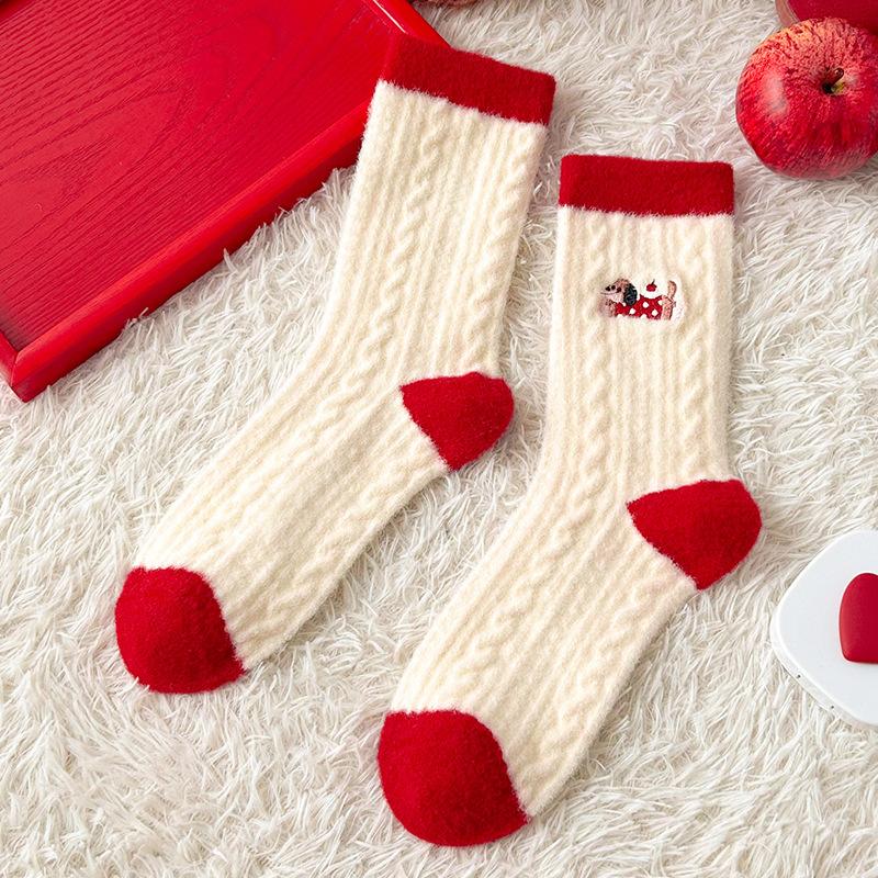 Red Australian Velvet Socks Embroidery Puppy Medium Tube Socks Winter Velvet Thickened Warm Cute Home Sleeping Socks Women
