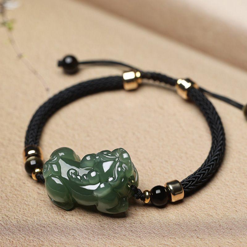 Pulsera Amuleto Pixiu Atractora de Riqueza de Jade Hetian para Parejas - Joyería de Cuerda de Mano de Jade y Cuentas para Mujeres y Hombres.