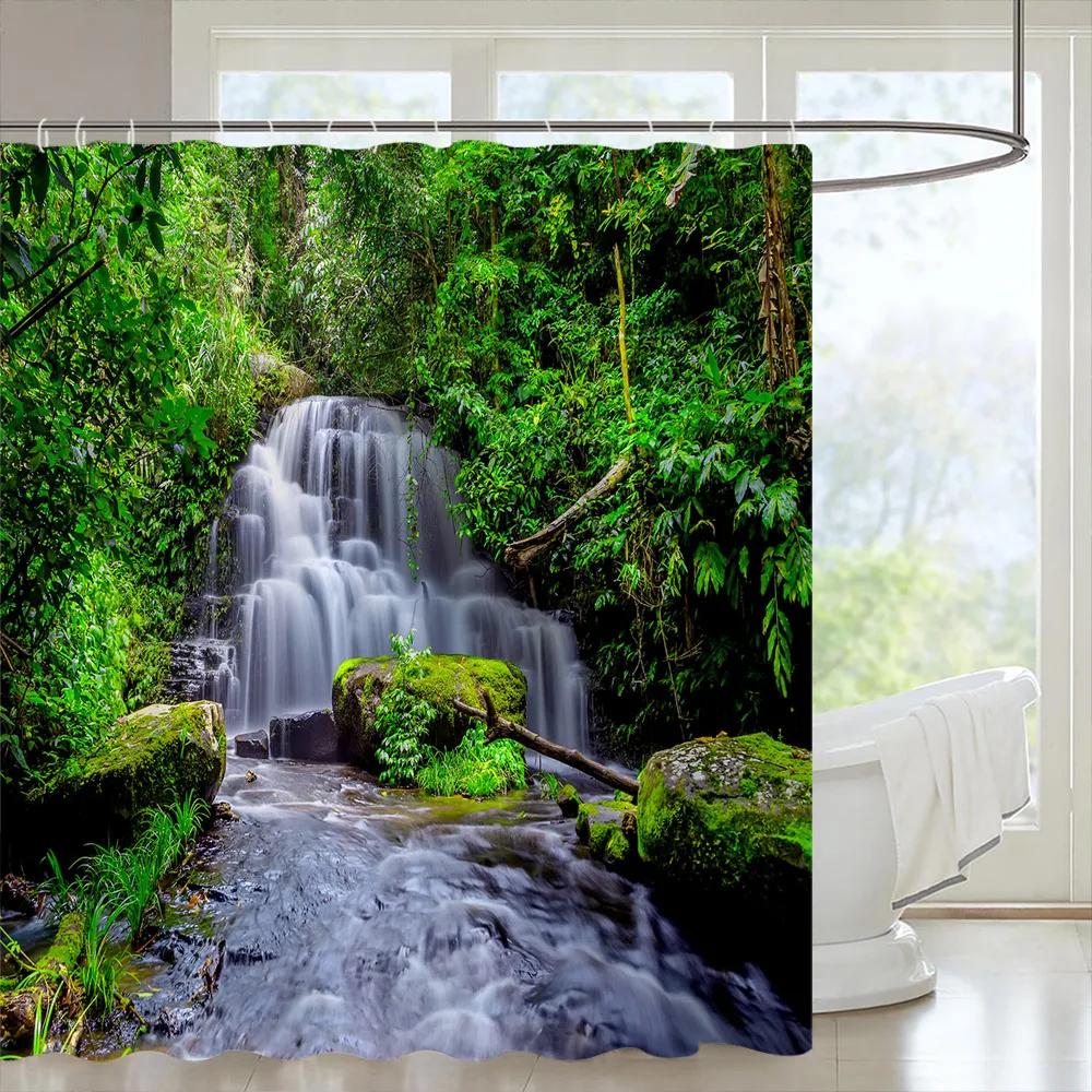 Tropical Forests Shower Curtain Aesthetic Woods Bird Fabric Bathroom Curtain Natural Scenery Home Decor Bathroom Accessories Set