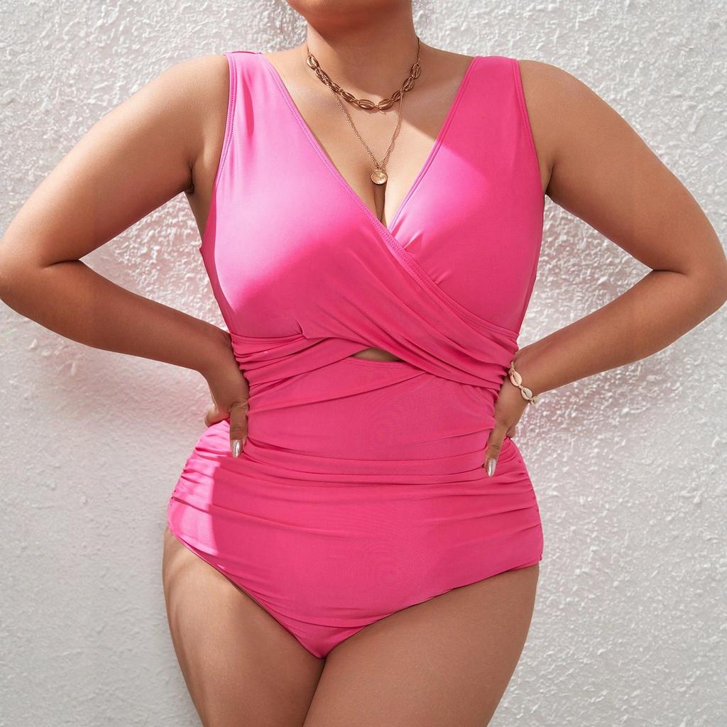 Women Swimsuit Plus Size V Neck Ruched Tummy Control Bathing Suit Sleeveless Wrap Front Swimwear