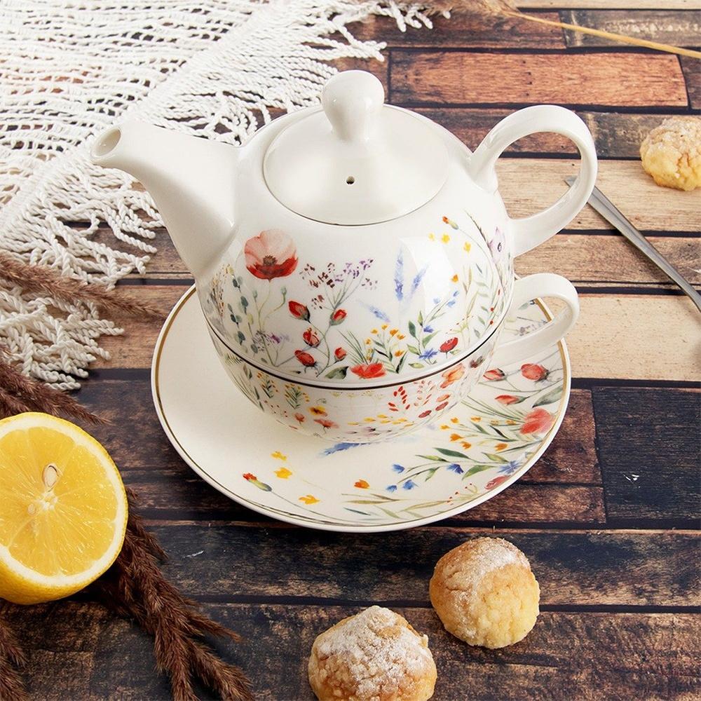 Dzbanek Porcelanowy Maki z Filiżanką do Zaparzania Picia Kawy Herbaty Ziół