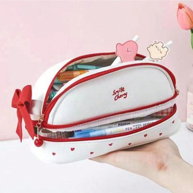 

Cute Strawberry Love Pen Bag For Cool Girl Pu Easy To Clean Butterfly Knot Stationery Storage Bag Birthday Gift Pen Bag 1pc