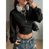 Sudadera con capucha corta para mujer Y2k, manga de farol, Streetwear, ajuste ceñido, top de manga larga