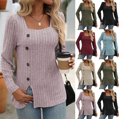 Primavera Outono Tops de malha femininos Novos sólidos Gola redonda Botão Manga comprida Solta Camiseta feminina Top de malha Malhas femininas
