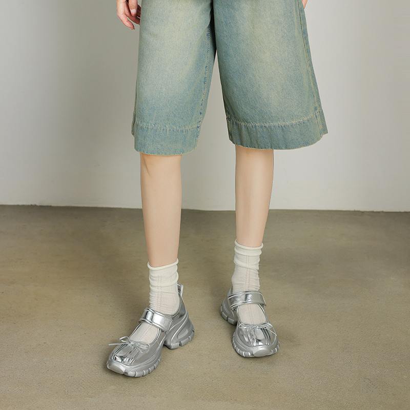 Krazing Pot Sheepskin Spring Autumn Summer Sneakers Platform Lace Up Silver Color Butterfly-knot Thick Bottom Women Fashion Shoes