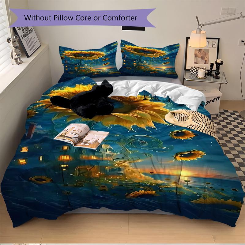 3pcs Sunflower Fantasy Bedding Set, Includes One Quilt Cover and Two Pillowcases (No Core), Festival Gift, Polyester Fabric, Anime Cartoon