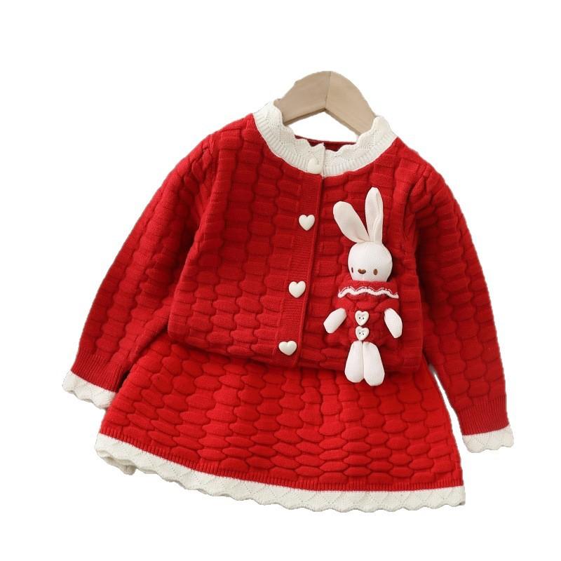 Girls Knit Set Dress With Large Lapel Sweater Cardigan Two Piece Outfit For Kids