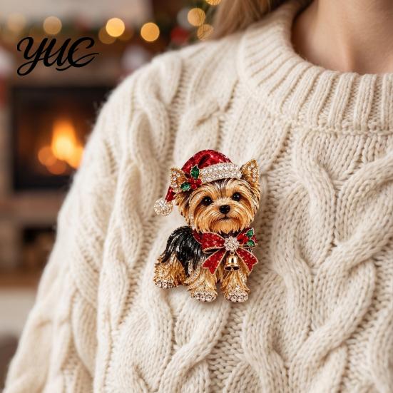 Holiday Party Accessory 1/2Pcs Christmas Yorkshire Terrier Dog Brooch, Santa Hat Puppy Lapel Pin with Rhinestones Rhinestones, Animal Badge for Coats