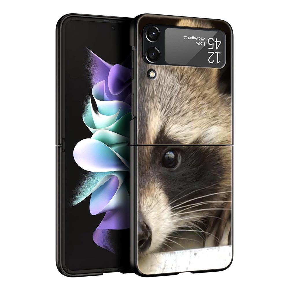 Hard PC Phone Case For Samsung Galaxy Z Flip 7 6 5 4 Black Cover For Galaxy Z Flip 3 Foldable Shockproof Cute Animal Raccoon Bag
