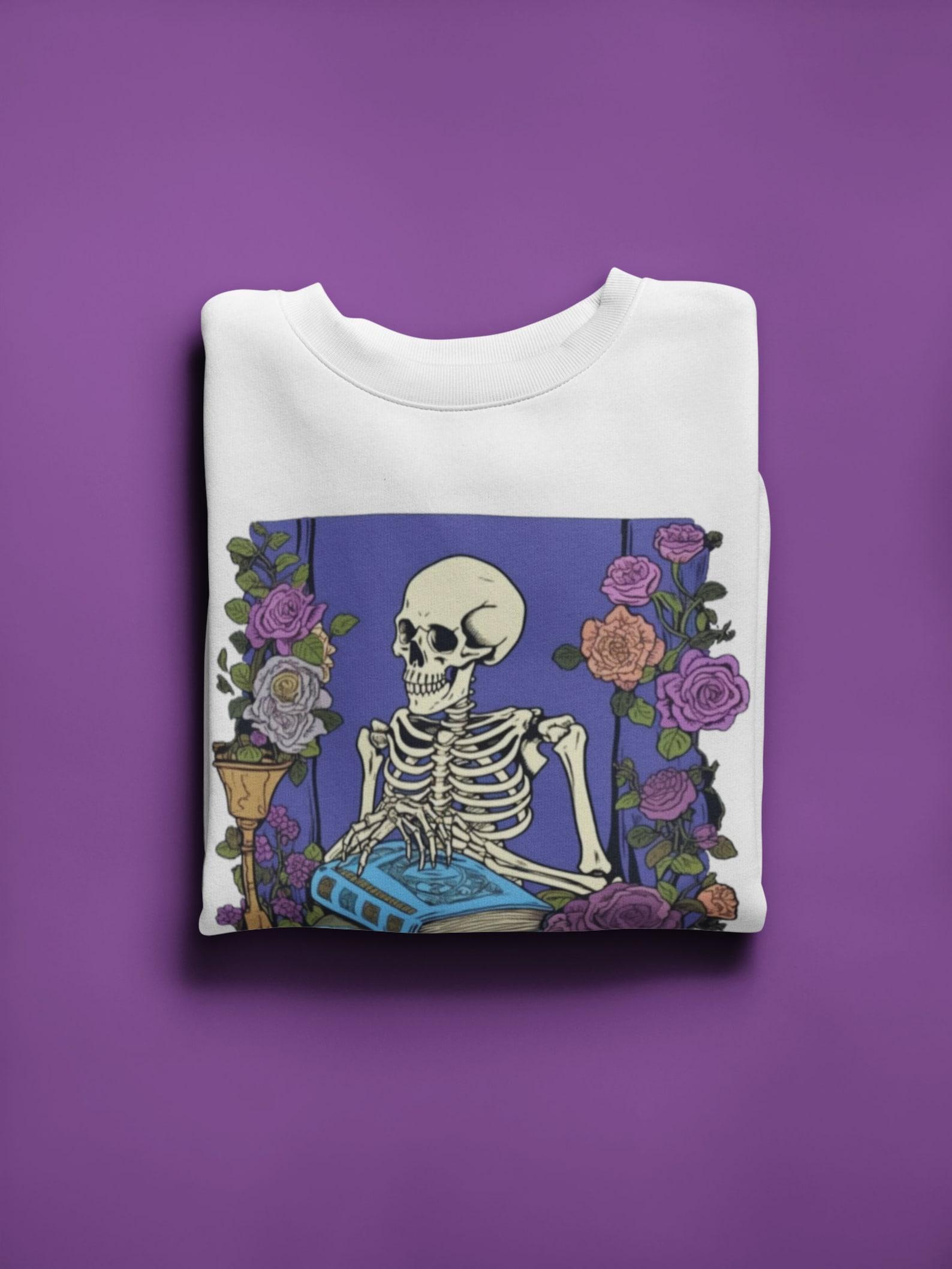 Skeleton Reading Book T-shirt: Gothic Floral Skull Unisex Tee L