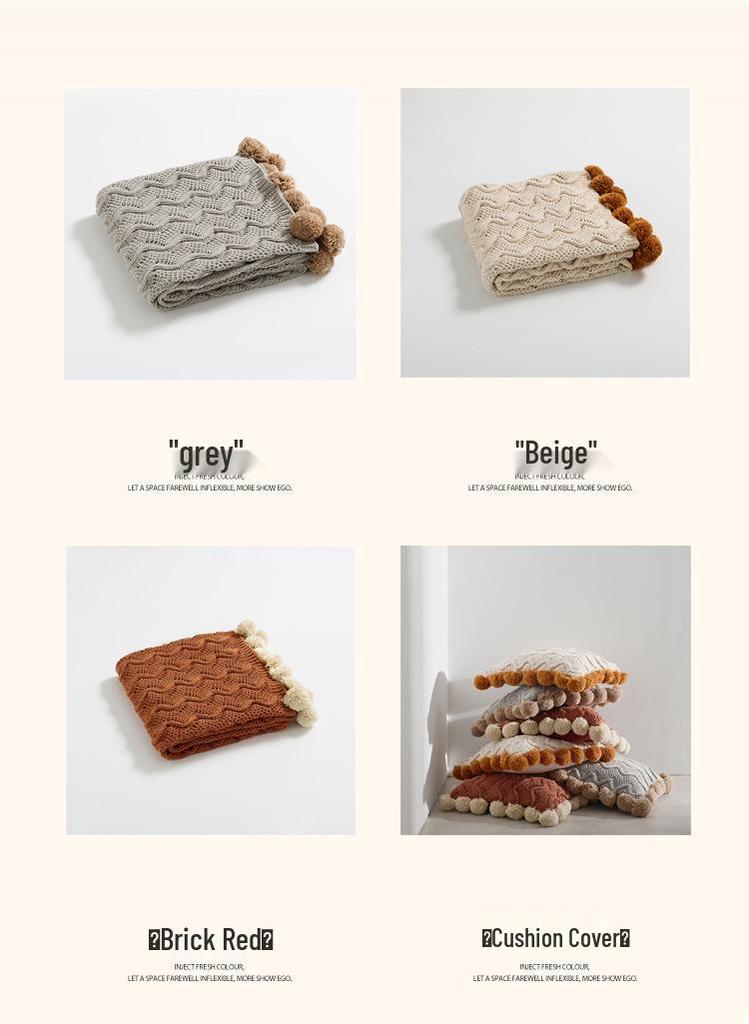 Ruijing Four Seasons Nordic Pom-Pom Chenille Knit Blanket & Cushion Set
