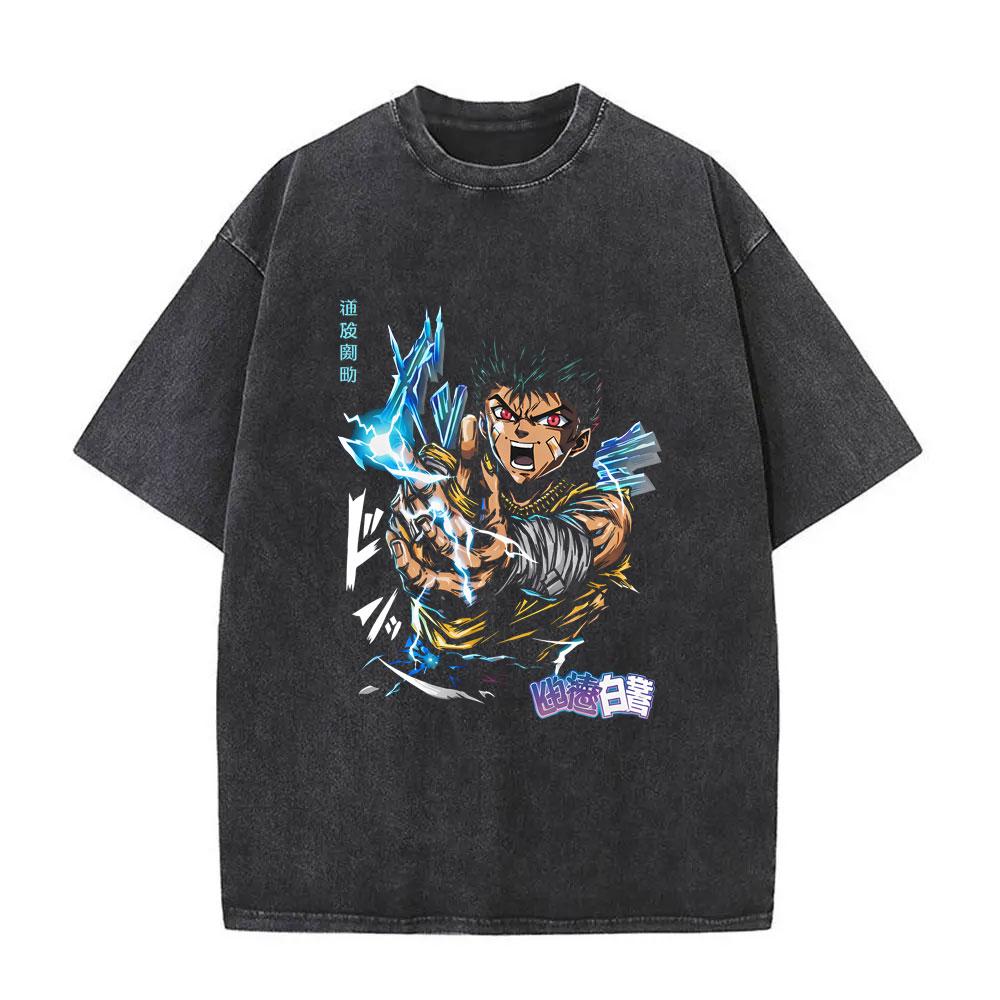 Anime YuYu Hakusho Urameshi Yuusuke Vintage Washed T Shirt Men Women Casual Oversized Tshirts Mens 90s Manga Retro Streetwear