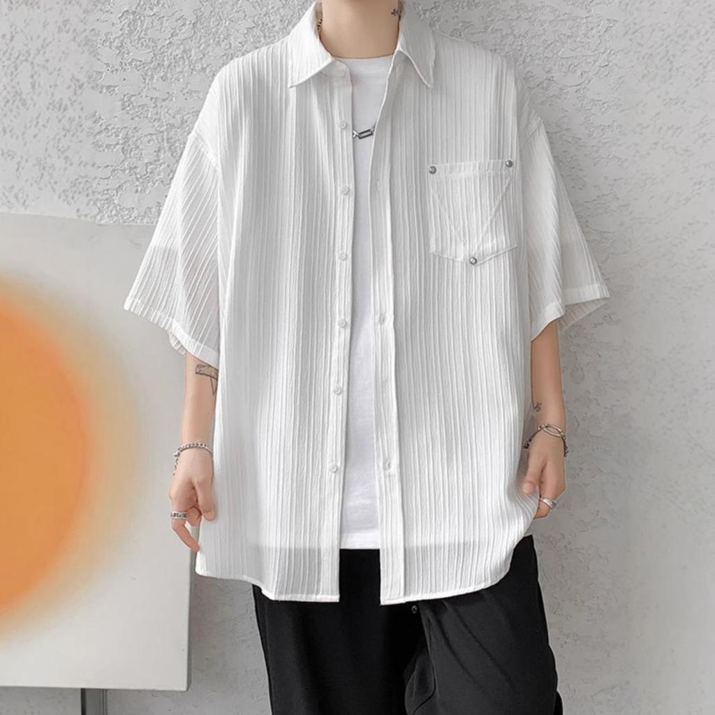 Men's Short-Sleeve White Ice Silk Shirt - Drapey, Niche Design Workwear Jacket with Five-Point Sleeves