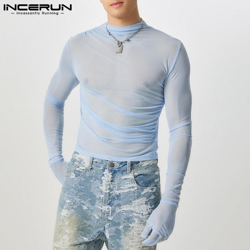 INCERUN Men Long Gloves Sleeve See Through Tops Club Party Mesh Skinny T-Shirts
