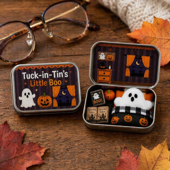 Halloween Cabin Illustration Mini Tin Box Gift, Plush Ghost with Haunted House Gift Scene, Collectible Micro Theater for Kids, Party Favor Dolls