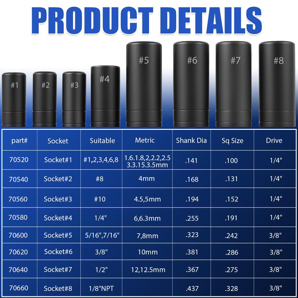 8Pcs Tap Socket Set Carbon Steel 1/4 Inch and 3/8 Inch Square Drive Tap Socket Adapter with Holder for Tight Space Ratchet