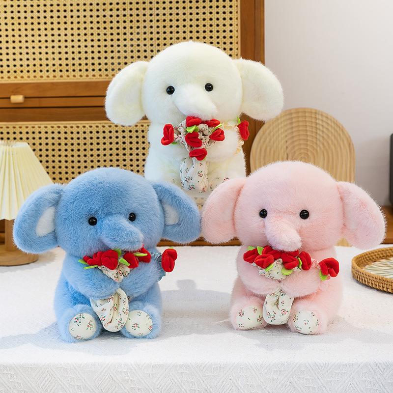 Creative Plush Elephant Holding Rose, Transformable Flower Bouquet Beanie, Girlfriend Valentine Gift Kids Stuffed Animal