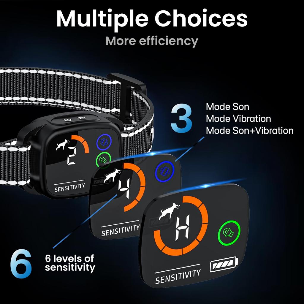 Dog Barking Collar Strong Vibration Modes Intelligent Barking Detection Rechargeable Waterproof IP67 for Small and Large Dogs