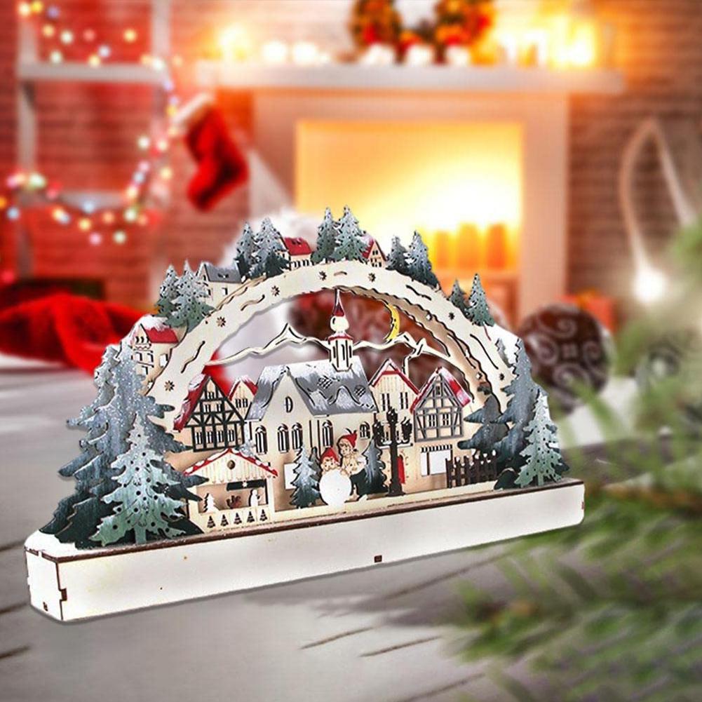 Holz-LED- und Buch-Desktop-Dekor, LED-Brückenlichter-Ornament, beleuchtete Weihnachtshaus-Dorfszene, Tisch-Cottage-Stadthaus-Dekor