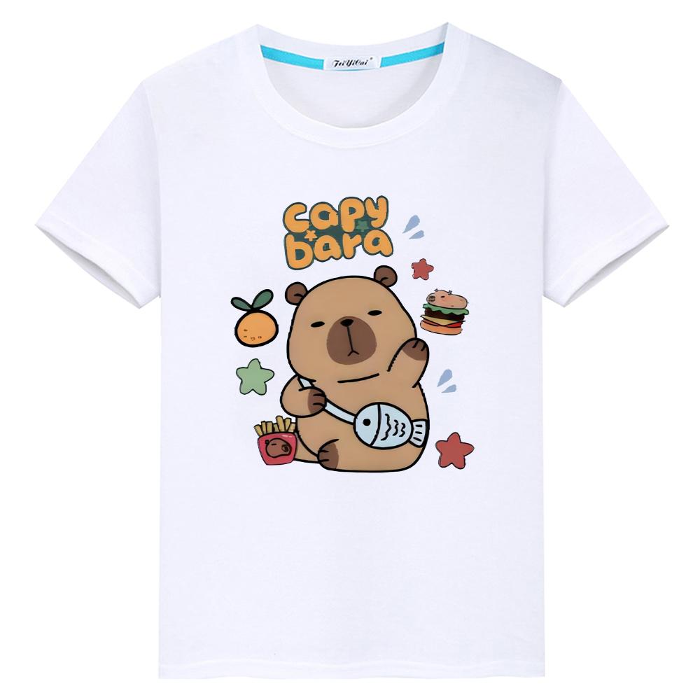 

capibara Print t shirt for kids boy 10years anime Tops 100%Cotton Kawaii Short pride tshirt Cute Tees y2k one piece girl clothes 100 белый
